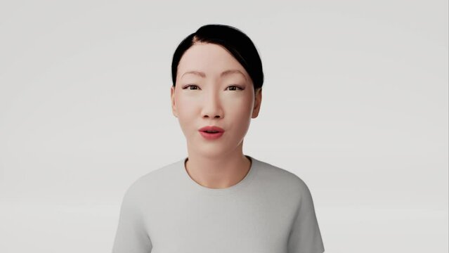 Virtual AI assistant chat bot talking on camera. Metaverse female avatar in virtual chat world for virtual chat. Artificial human character talking. Beautiful 3d model human scan animated.