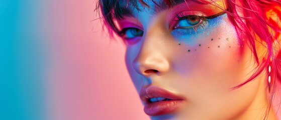 Obraz premium Colorful punk hairstyle woman with bold makeup, intense gaze, highkey lighting, closeup