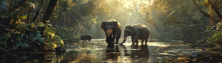 Elephant family walking through jungle river, distant view