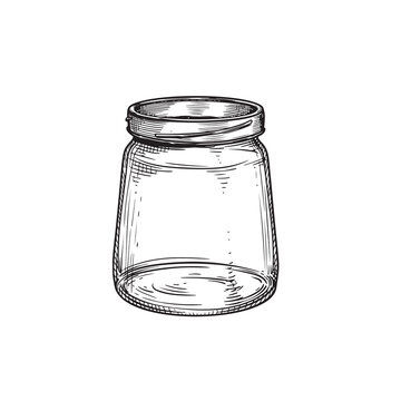 recommend clip art: Empty glass jar. Hand drawn sketch drawing in old fashioned vintage style. Vector illustration isolated on white.