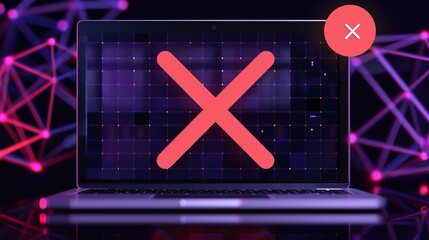 A laptop computer with a red cross symbol displayed on its screen, set against a background of glowing purple and pink lights