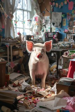 Pig in a cluttered, messy room, soft daylight, humorous chaos