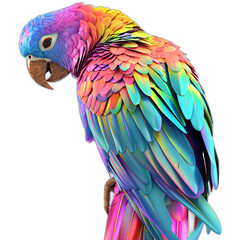 Fototapeta premium A vibrant 3D parrot with colorful feathers and a curved beak, perched on a white background