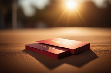 Red box with a gift for a man on the table, brown background with sun rays with space for text