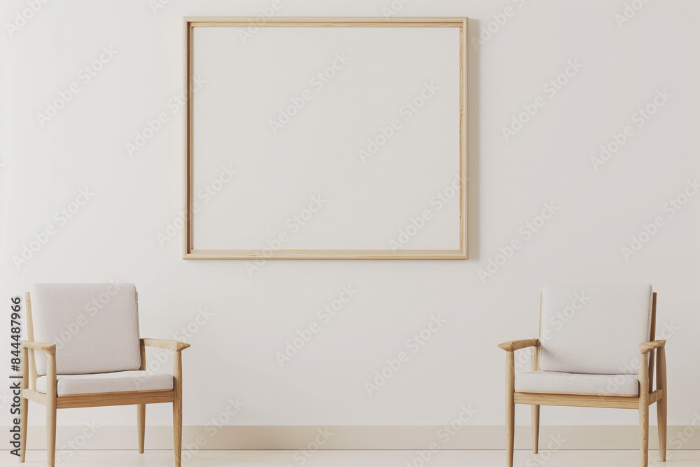 Wall mural two chairs in a room, A 3D rendering of a living room design featuring an empty frame mockup on a pristine white wall