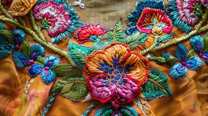 Capture the allure of artisanal craftsmanship with a captivating stock photo featuring an embroidered neckline design embellished with an exquisite needlework floral composition.