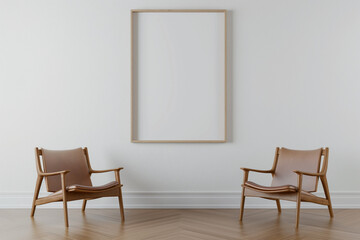 two chairs in a room, A 3D rendering of a living room design featuring an empty frame mockup on a pristine white wall
