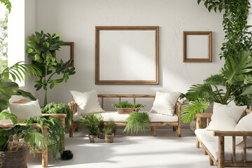 living room with flowers, A 3D rendering of a farmhouse interior living room featuring a gallery wall frame mockup in a bright white room
