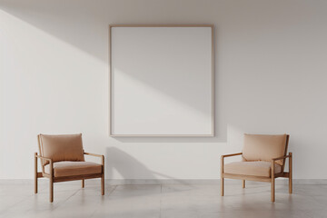 two chairs in a room, A 3D rendering of a living room design featuring an empty frame mockup on a...