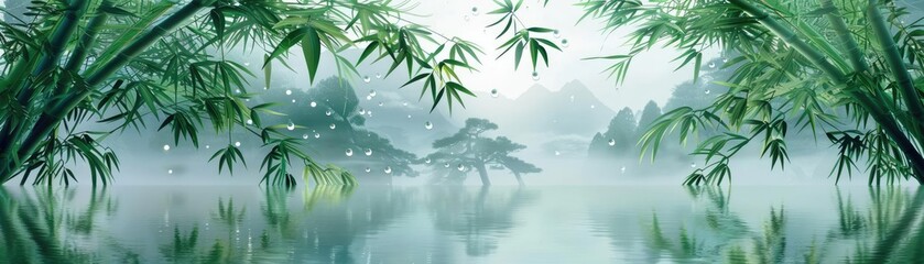 Peaceful bamboo forest reflected in a tranquil lake with misty mountains in the background, creating a serene and soothing atmosphere.
