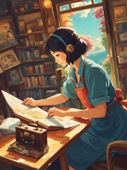 Illustration of a girl who loves traveling, carrying a suitcase, reading a travel guide in anime, watercolor and cartoon style.