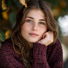Portrait set of a young woman wearing a warm knitted winter sweater in burgundy 