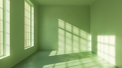 Fototapeta premium Generate an immersive photo depicting the peaceful atmosphere of a light green room, with sunlight streaming in to create a play of light and shadow.