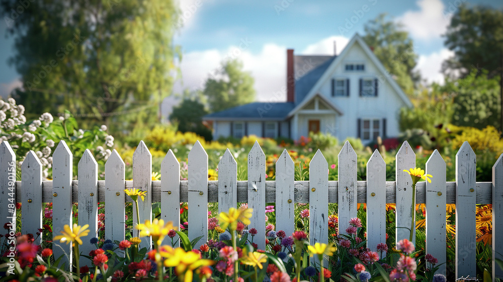 Wall mural a white picket fence framing a vibrant garden in front of a quaint american house. - Wall murals