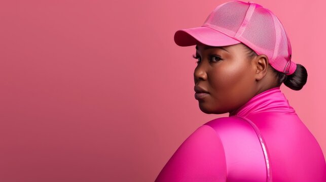 A woman in a pink outfit and hat poses confidently against a pink backdrop