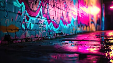 Capture the excitement of urban exploration with neon light graffiti against an abstract background 