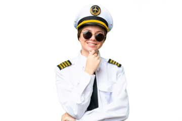 Airplane pilot woman over isolated chroma key background with glasses and smiling