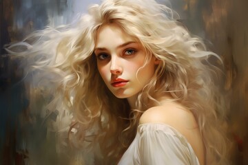 Fototapeta premium Stunning digital artwork of a blonde woman with captivating eyes and flowing hair