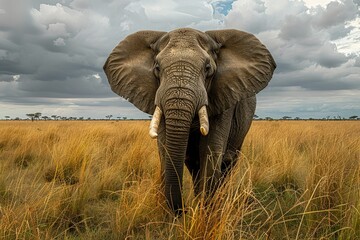 Fototapeta premium Witness the majestic sight of a herd of elephants gracefully migrating across the savanna during the dry season, a harmonious blend of nature's resilience and the timeless rhythm of wildlife