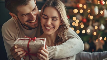 A cheerful couple, deeply in love, unwraps a gift on Valentine's Day.