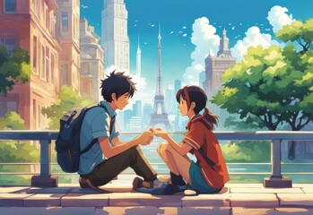 an Indian boy and girl discussing with each other while smiling kindly in a city with anime and cartoon style