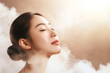 Naklejka premium A serene young woman with her eyes closed stands amidst gentle, swirling mist, basking in soft golden light, Spa, Facial treatment, Cosmetology, Plastic surgery, Cosmetic Concepts with Copy space