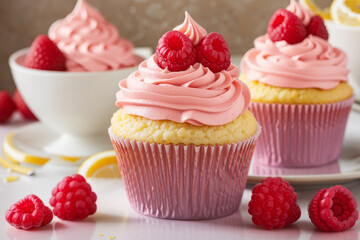 Delicious lemon cupcake with raspberry frosting, Generative AI