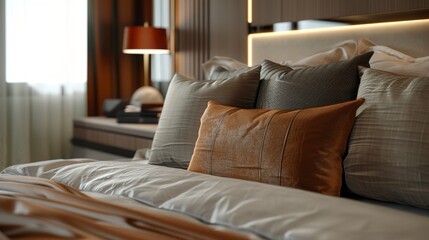 Fototapeta premium Modern Bedroom Luxury, Customizable Pillow on Stylish Bed, Perfect Blend of Comfort and Aesthetic Elegance