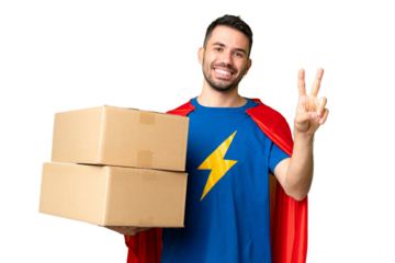 Super Hero delivery caucasian man over isolated chroma key background smiling and showing victory sign