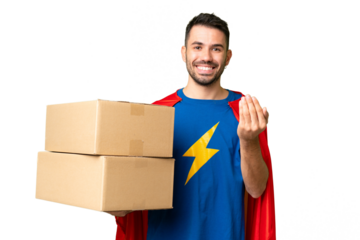 Super Hero delivery caucasian man over isolated chroma key background inviting to come with hand. Happy that you came