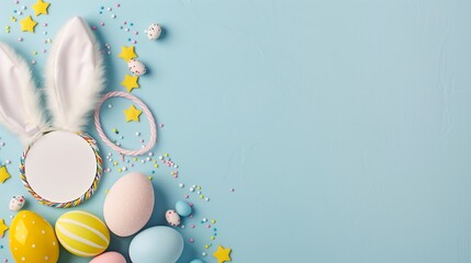 Easter decor concept. Top view photo of white circle easter bunny ears yellow blue pink eggs and sprinkles on isolated pastel blue background with blank space