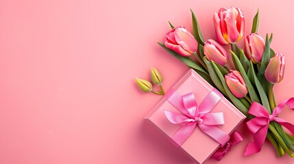 Fototapeta premium Mother's Day concept. Top view photo of stylish pink giftbox with ribbon bow and bouquet of tulips on isolated pastel pink background with copyspace