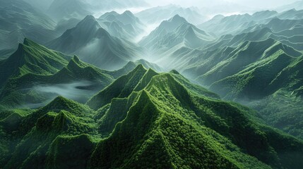 An aerial view of lush green mountain peaks shrouded in mist, creating a serene and mystical landscape.