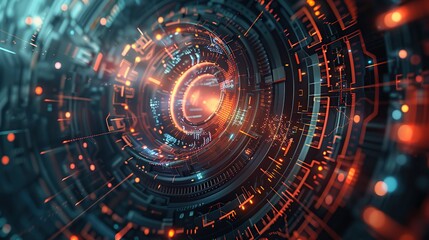 Fototapeta premium Abstract technology background with a blend of cyber security concept. Blue and red spiral with many dots and lines