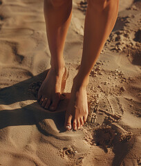 Female feet on the sand.	