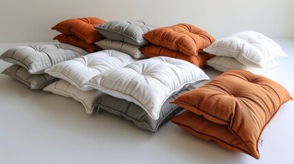 A variety of colorful, tufted cushions in shades of orange, gray, and white neatly arranged on a surface, showcasing different designs and textures.
