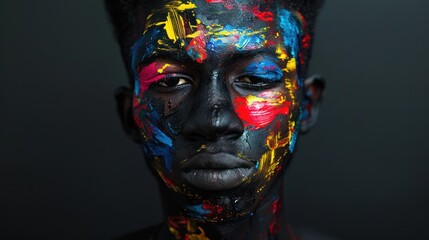 Craft an avant-garde stock photo that celebrates the beauty of individuality with a portrait of a young man painted all black, his face embellished with vibrant splashes of red, yellow, and blue.