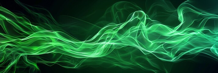 Fototapeta premium Green abstract translucent neon wave on a black background. Neon smoke. Background for the text.