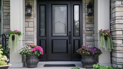 Gray front door with small square decorative windows and flower pots in front of it