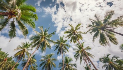 A stunning view of towering palm trees reaching towards a bright blue sky dotted with fluffy white clouds. 