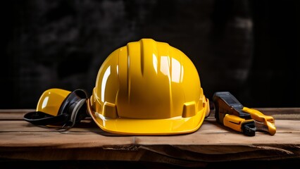 a yellow box that is commonly used as a safety helmet on construction sites. Next to the box are earphones for hearing protection and a digital multimeter, tools often used for safety and electrical m