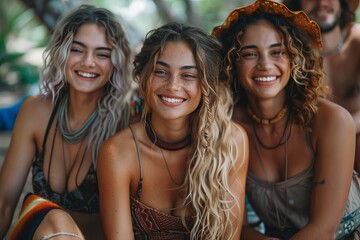 Fototapeta premium Three young women smiling outdoors in a tropical setting