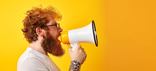 A man with red hair and a beard is shouting into a megaphone in front of a yellow background