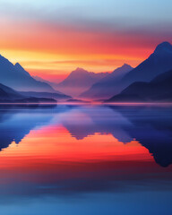Fototapeta premium A glassy lake reflecting the vibrant colors of a sunrise with mountains silhouetted against the glowing horizon