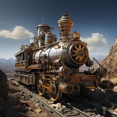 Naklejka premium A gleaming, vintage steam locomotive stands on tracks in a desert landscape, its intricate details and majestic presence evoke a sense of adventure and history.