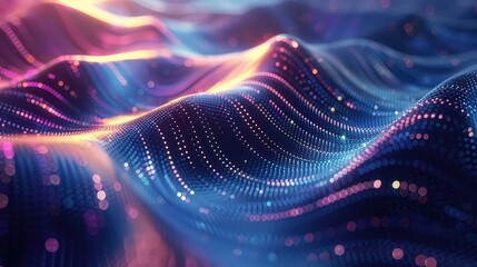Shimmering light waves moving across a 3D surface, sci-fi, metallic colors, high detail, fluid animation,