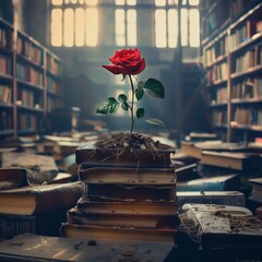 Rose growing in the middle of a pile of books.
