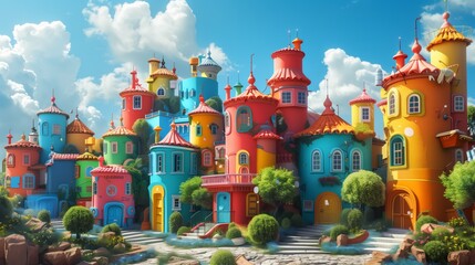 A colorful cartoon castle town with bright colors.