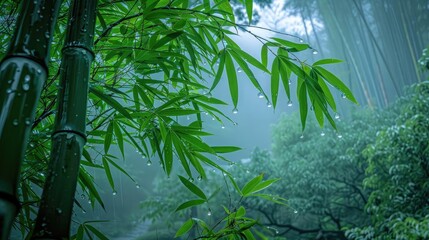 Misty bamboo forest with lush green leaves and bamboo stalks, creating a serene and natural atmosphere perfect for relaxation and meditation.