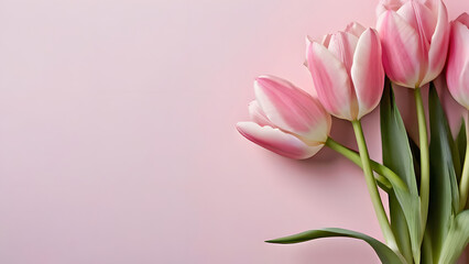 Obraz premium Tulips bouquet on pink background, pink flowers with copy space